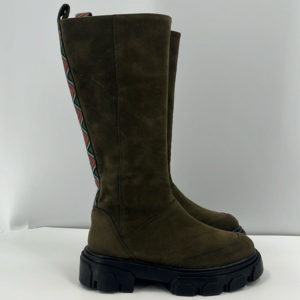 New Farm Rio Army Green Long Suede Boots Vegan Lug Sole Knee High Platform 9 - Picture 3 of 14